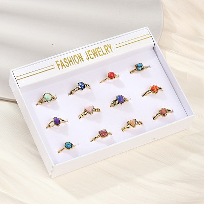 12шт. кольца из натуральной красной яшмы, малахита и синтетической бирюзы, Кольца из сплава в форме сердца, овала, треугольника, конского глаза и квадрата для женщин