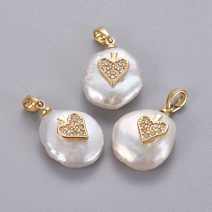 Natural Cultured Freshwater Pearl Pendants, with Brass Micro Pave Cubic Zirconia Findings, Nuggets with Heart, Long-Lasting Plated, Golden