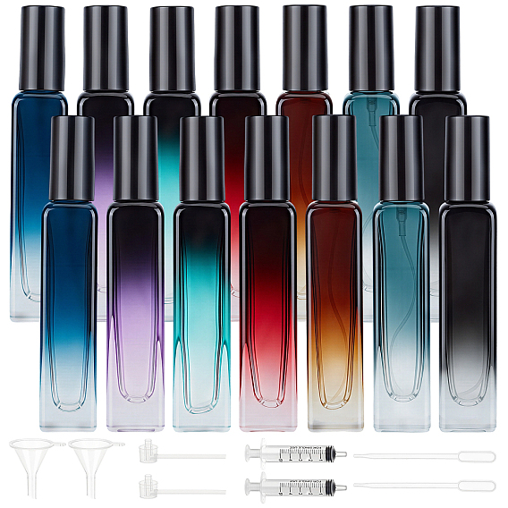 14Pcs Rectangle Gradient Glass Spray Bottle, with 2Pcs Plastic Pump, 2Pcs Screw Type Hand Push Glue Dispensing Syringe, 2Pcs Plastic Funnel Hopper and Disposable Trasfer Pipettes