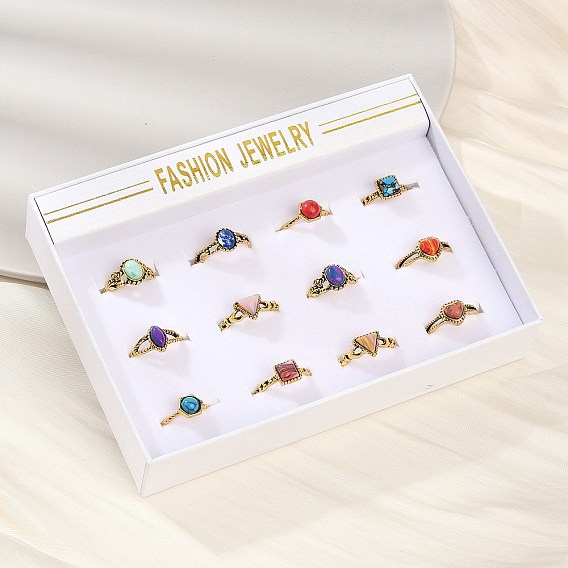 12шт. кольца из натуральной красной яшмы, малахита и синтетической бирюзы, Кольца из сплава в форме сердца, овала, треугольника, конского глаза и квадрата для женщин