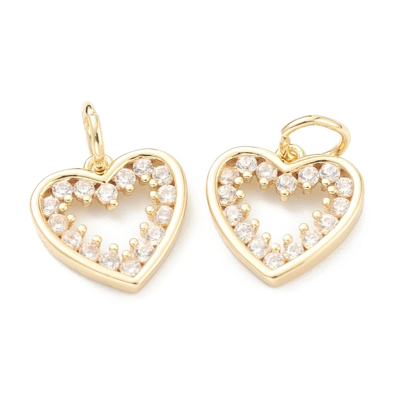Brass Clear Cubic Zirconia Charms, Long-Lasting Plated, with Jump Ring, Heart