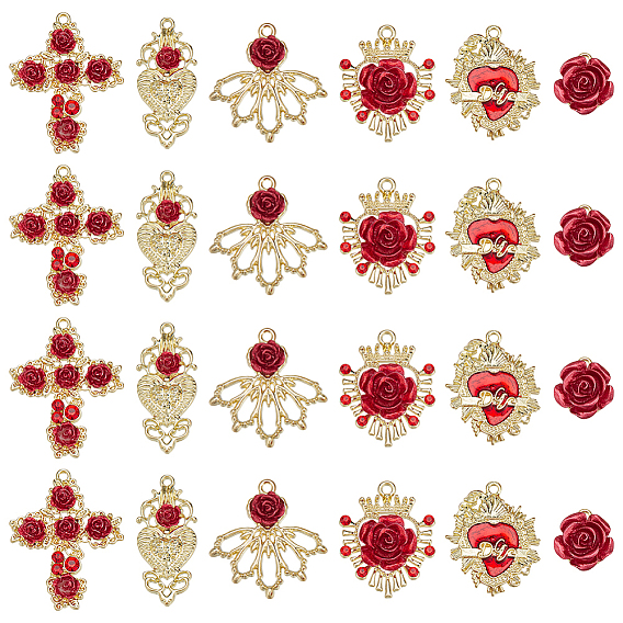 24шт 6 стили подвески со стразами из сплава, Эмаль стиле, золотые