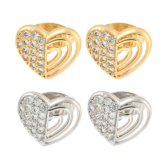 Серьги-гвоздики из латуни в форме сердца с прозрачным фианитом и паве
