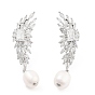 Серьги-пусеты из латуни с микропаве и прозрачным фианитом, с натуральной жемчужиной, без кадмия и без свинца, долговечный, крыло