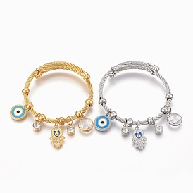 Adjustable 304 Stainless Steel Charm Bangles, with Enamel, Glass and Rhinestone, Eye, Hamsa Hand and Flat Round