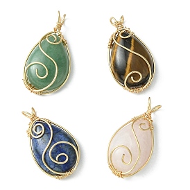 Natural Mixed Gemstone Copper Wire Wrapped Pendants, Teardrop Charms