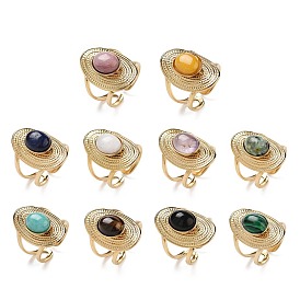 Ion Plating(IP) 304 Stainless Steel Open Cuff Rings, Natural & Synthetic Gemstone Ring for Women, Oval, Real 18K Gold Plated