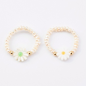 Natural Pearl Beaded Stretch Rings, with Natural Shell Beads, Flower