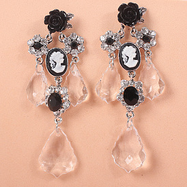 Vintage Black Rose Crystal Pendant Earrings - French Palace Retro, Floral Beauty.
