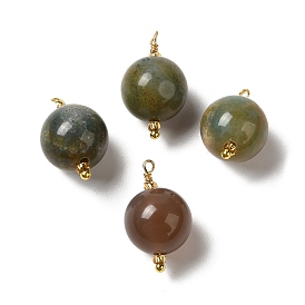 Natural Indian Agate Pendants, Round Charms with Real 18K Gold Plated Brass Loops