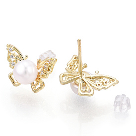 Brass Rhinestone Butterfly & Natural Pearl Stud Earrings, with 925 Sterling Silver Pins