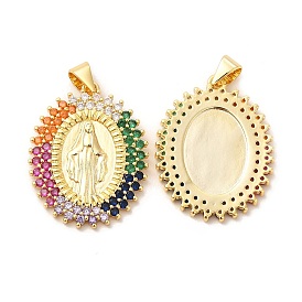 Rack Plating Brass Micro Pave Cubic Zirconia Pendants, Oval with Virgin Mary Charm, Long-Lasting Plated, Lead Free & Cadmium Free, Religion
