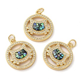 Rack Plating Brass Cubic Zirconia Pendants, with Enamel & Shell, Long-Lasting Plated, Lead Free & Cadmium Free, Real 18K Gold Plated, with Jump Rings, Flat Round & Cat