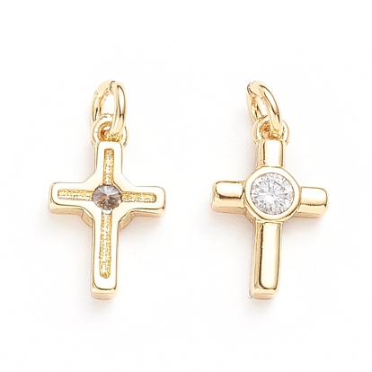 Brass Micro Pave Cubic Zirconia Tiny Cross Charms, with Jump Ring, Long-Lasting Plated