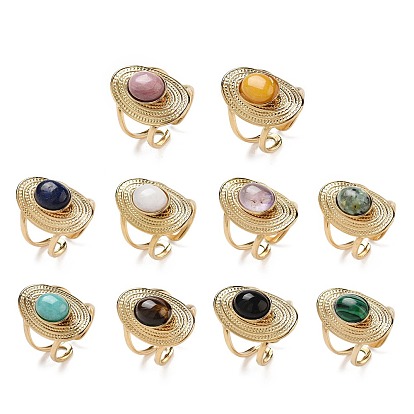 Ионное покрытие (ip) 304 открытые манжеты из нержавеющей стали, Женское кольцо с натуральными и синтетическими драгоценными камнями, овальные, реальный 18 k позолоченный