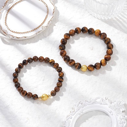 Эластичные браслеты из натуральных драгоценных камней для пары, с круглыми латунными бусинами
