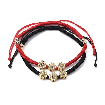 Adjustable Nylon Cord Braided Bead Bracelets Sets, with Round Brass Beads and Flower Brass Micro Pave Cubic Zirconia Beads, Golden