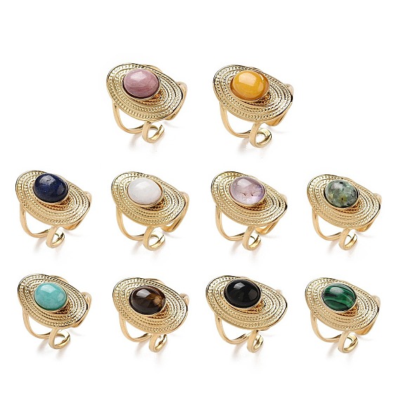 Ионное покрытие (ip) 304 открытые манжеты из нержавеющей стали, Женское кольцо с натуральными и синтетическими драгоценными камнями, овальные, реальный 18 k позолоченный