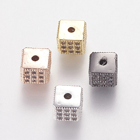 Brass Micro Pave Cubic Zirconia Beads, Cube, Nickel Free & Lead Free & Cadmium Free, Clear