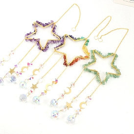 Glass & Brass Star Pendant Decorations, Suncatchers, Rainbow Maker, with Chips Gemstone, for Home Decoration