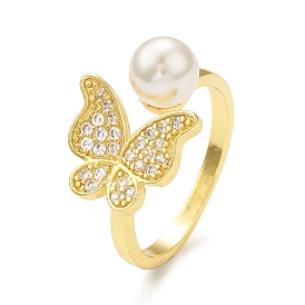 Clear Cubic Zirconia Butterfly with Plastic Pearl Beaded Open Cuff Ring, Brass Jewelry for Women, Cadmium Free & Lead Free
