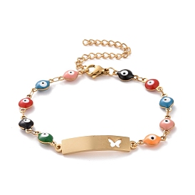 Vacuum Plating 304 Stainless Steel Rectangle with Butterfly Link Bracelet, Colorful Enamel Evil Eye Chains Bracelet for Women