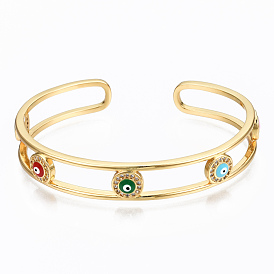  Brass Micro Pave Clear Cubic Zirconia Cuff Bangles, with Enamel, Nickel Free, Evil Eye, Colorful