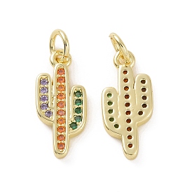 Brass Micro Pave Colorful Cubic Zirconia Pendants, with Jump Ring, Cactus Charms
