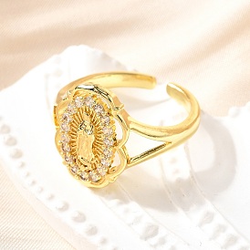 Манжеты из латуни с микро паве кубический цирконий для женщин, цветок и дева мария, стойки покрытие, долговечный, без свинца и без кадмия