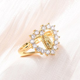 Кольца из латуни с микропаве из прозрачных кубических цирконий для женщин, Сердце с Девой Марией, стойки покрытие, без кадмия и без свинца, прочное покрытие