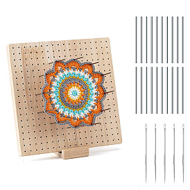 Square Wood Crochet Blocking Board, Knitting Loom, with 20Pcs Metal Sticks, 5Pcs Crochet Needle