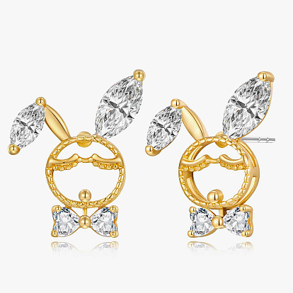 Серьги-гвоздики из латуни с микропаве из прозрачных кубических цирконий в форме кролика, с пластиковой имитацией жемчуга и эмали