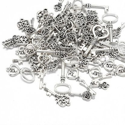 Mixed Tibetan Style Alloy Pendants, Key, 28~46x9~16x1~4.5mm, Hole: 1.5~5mm, about 45~55pcs/100g