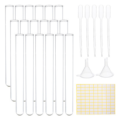 BENECREAT 18ml Transparent Glass Test Tubes Lab Clear Test Tube with Paper Labels, Funnels and Pipettes for Crafts Jewelry Beads Scientific Lab Seed Liquid Storage