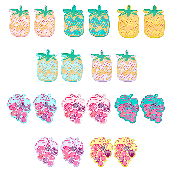 20Pcs 2 Style Translucent Acrylic Pendants, 3D Printed, Pineapple & Grape