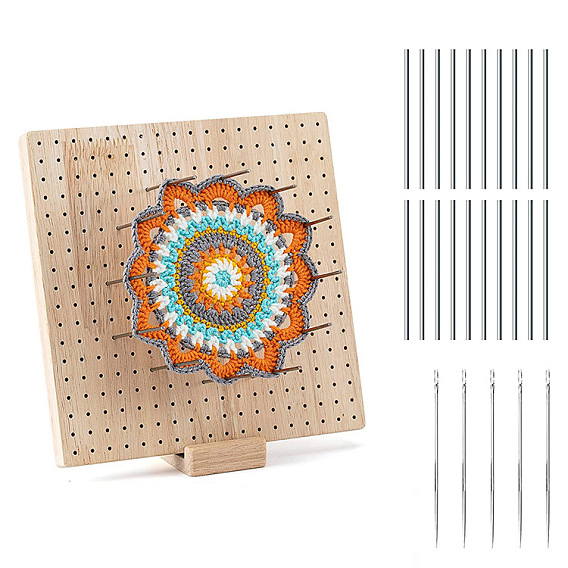 Planche de blocage carrée en bois au crochet, métier à tricoter, avec des bâtons en métal 20pcs, 5 aiguille à crochet