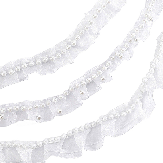 6 Yards 3 Styles Polyester Lace Trims, with Imitation Pearl Beads