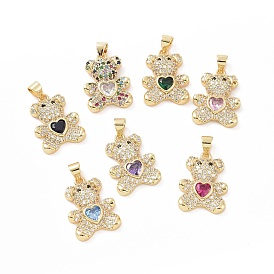 Brass Micro Pave Cubic Zirconia Pendants, with Glass, Bear with Heart Charm, Golden
