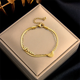 Bracelet à breloques cœur et lettre en métal double couche avec chaîne - tendance et polyvalent !