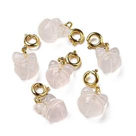 Natural Rose Quartz Pendant Decorations, with Brass Spring Ring Clasps, Bell