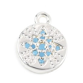 Brass Micro Pave Deep Sky Blue Cubic Zirconia Charms, Flat Round with Star Charms