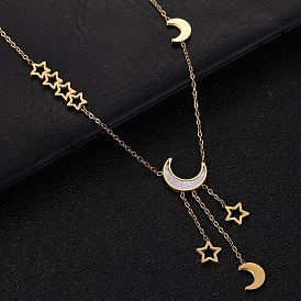 304 ожерелья с подвеской в виде луны и звезды из нержавеющей стали и натуральных ракушек с кисточками, белые