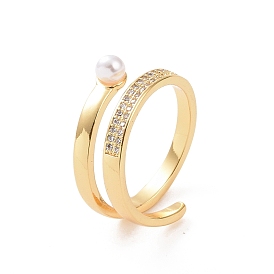 Brass Micro Pave Cubic Zirconia Open Rings, Plastic Imitation Pearl Cuff Rings for Women