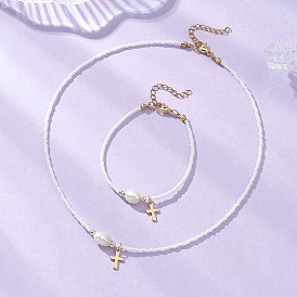 Комплекты браслетов и ожерелий из натурального культивированного пресноводного жемчуга и стеклянных бусин, 304 комплекты украшений в виде маленьких крестиков из нержавеющей стали