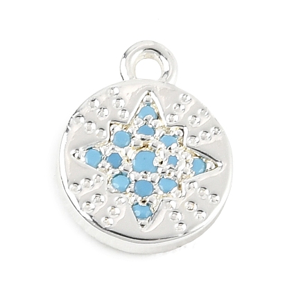 Brass Micro Pave Deep Sky Blue Cubic Zirconia Charms, Flat Round with Star Charms