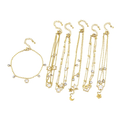 Ion Plating(IP) 304 Stainless Steel Chains Anklet, Cubic Zirconia & Synthetic Shell Charms Anklet, Golden