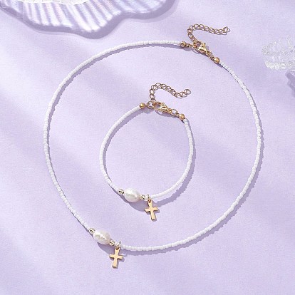 Комплекты браслетов и ожерелий из натурального культивированного пресноводного жемчуга и стеклянных бусин, 304 комплекты украшений в виде маленьких крестиков из нержавеющей стали