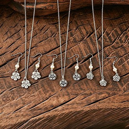 Conjunto de pendientes colgantes y collares con colgante de flor de imitación de perla de aleación de zinc para mujer.