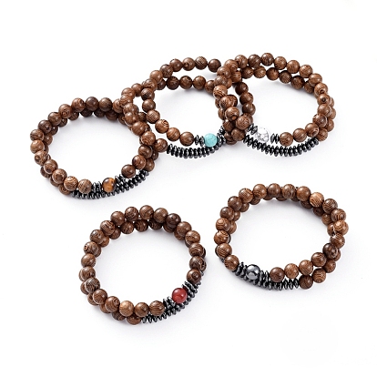 Unisex Wood Beads Stretch Bracelet Sets, with Gemstone Beads and Non-Magnetic Synthetic Hematite Beads