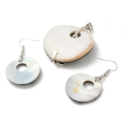 Natural Paua Shell Donut & White Shell Flower Jewelry Set, Rhinestone Dangle Earrings & Pendants with Brass Findings